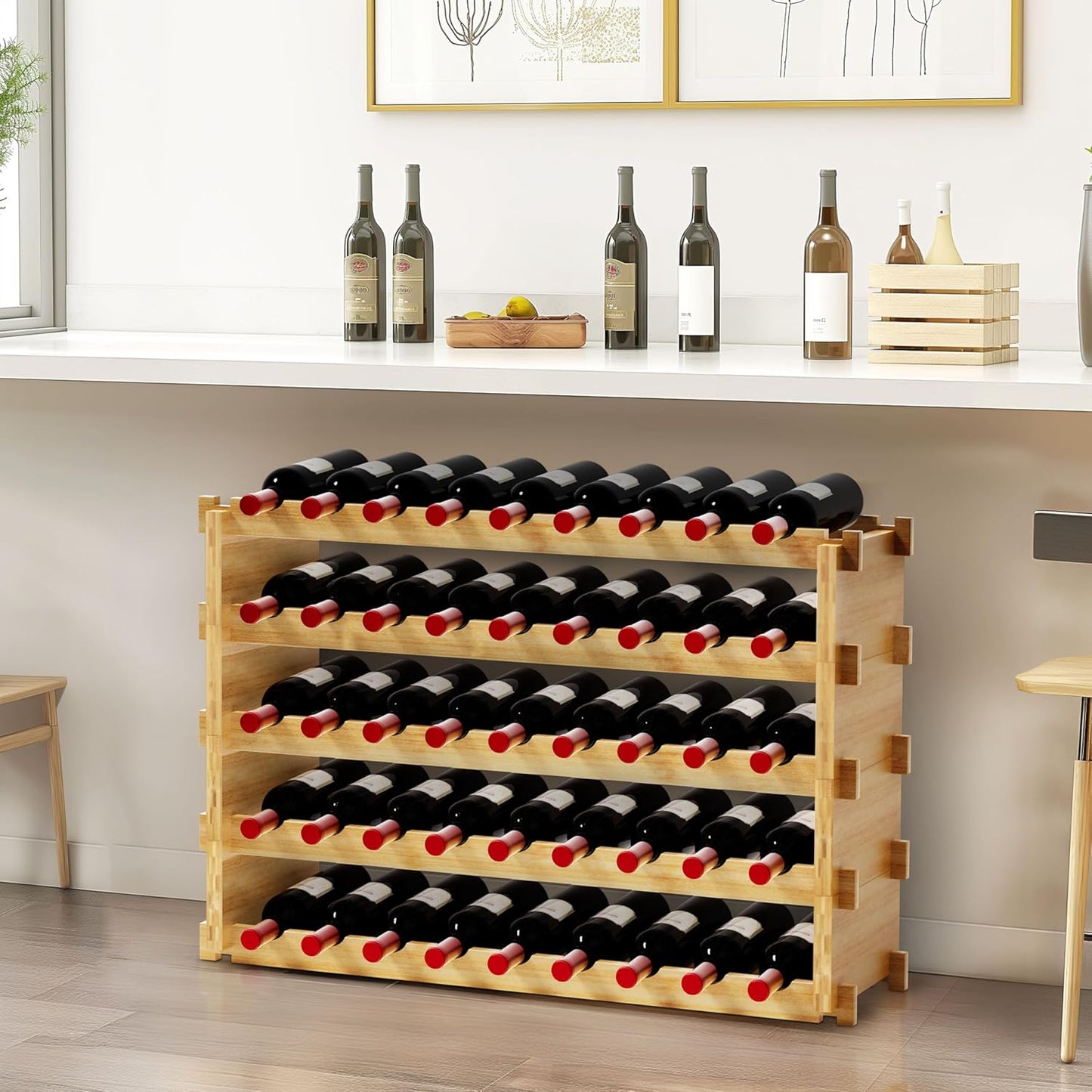 Finnhomy Wine Rack 45-Bottle 5-Tier Natural Bamboo Display Wine Storage Shelves Stackable Wine Bottle Holder