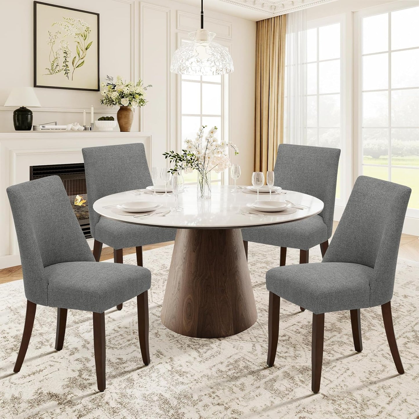 COLAMY Upholstered Dining Chairs Set of 6, Mid Century Modern Kitchen Chairs with Back, Farmhouse Fabric Side Dining Room Chairs with Wood Legs for Dining Room Restaurant, Beige