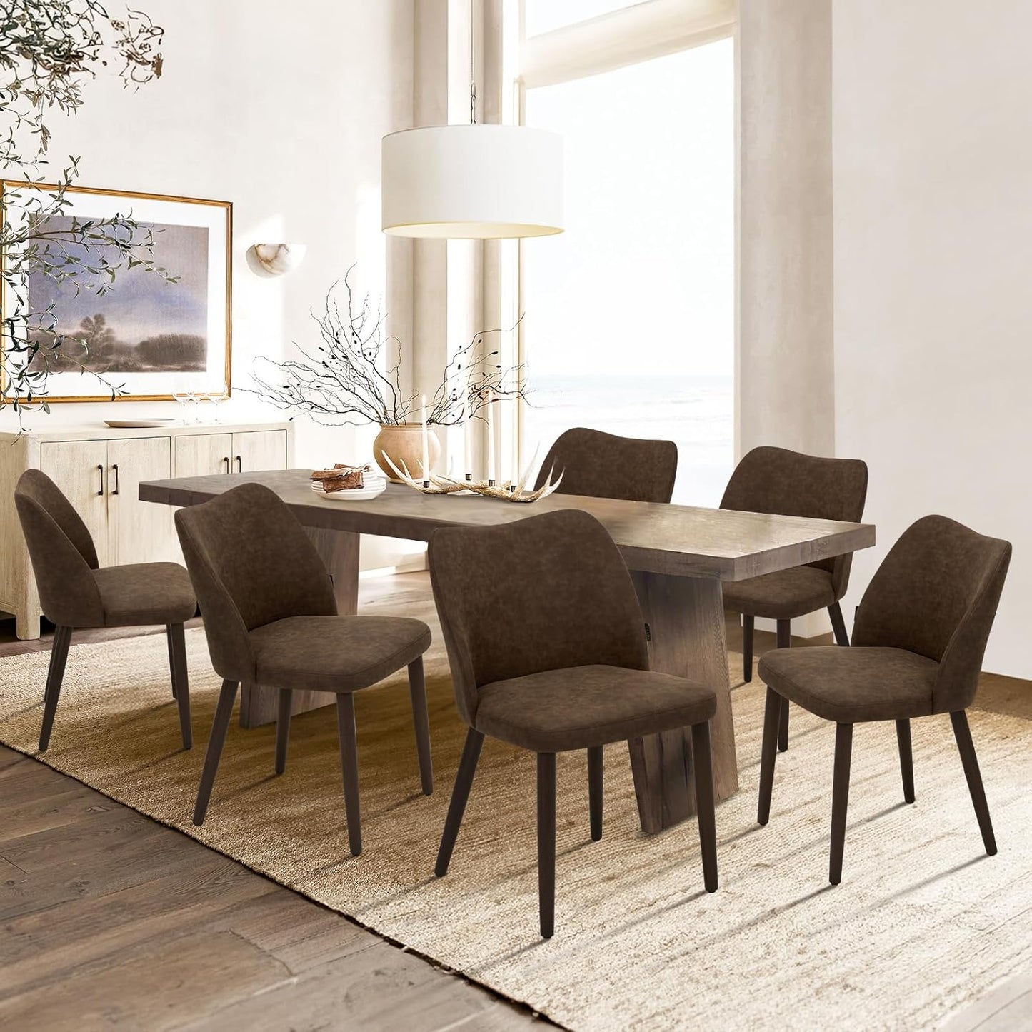 COLAMY Upholstered Dining Chairs Set of 6, Modern Fabric Dining Room Kitchen Side Chair with Padded Seat and Wood Legs for Restaurant/Cafe, Beige