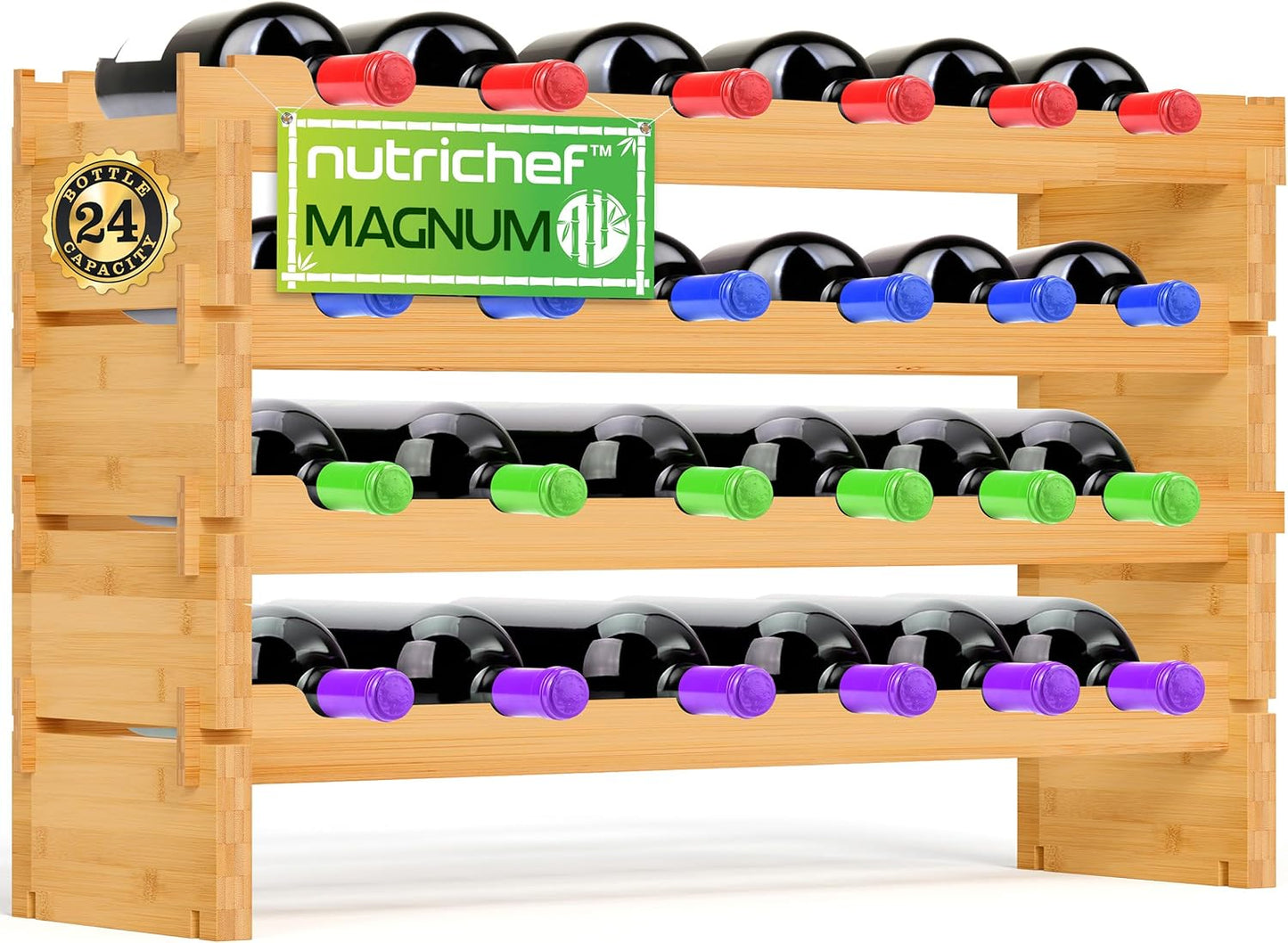 NutriChef Bamboo Stackable Wine Rack, 8-Tier 72 Bottle Capacity Wine Racks Free Standing Floor, No Tools Assembly, Modular Storage Display Shelf for Kitchen and Cellar 33.5" x 10" x 42"