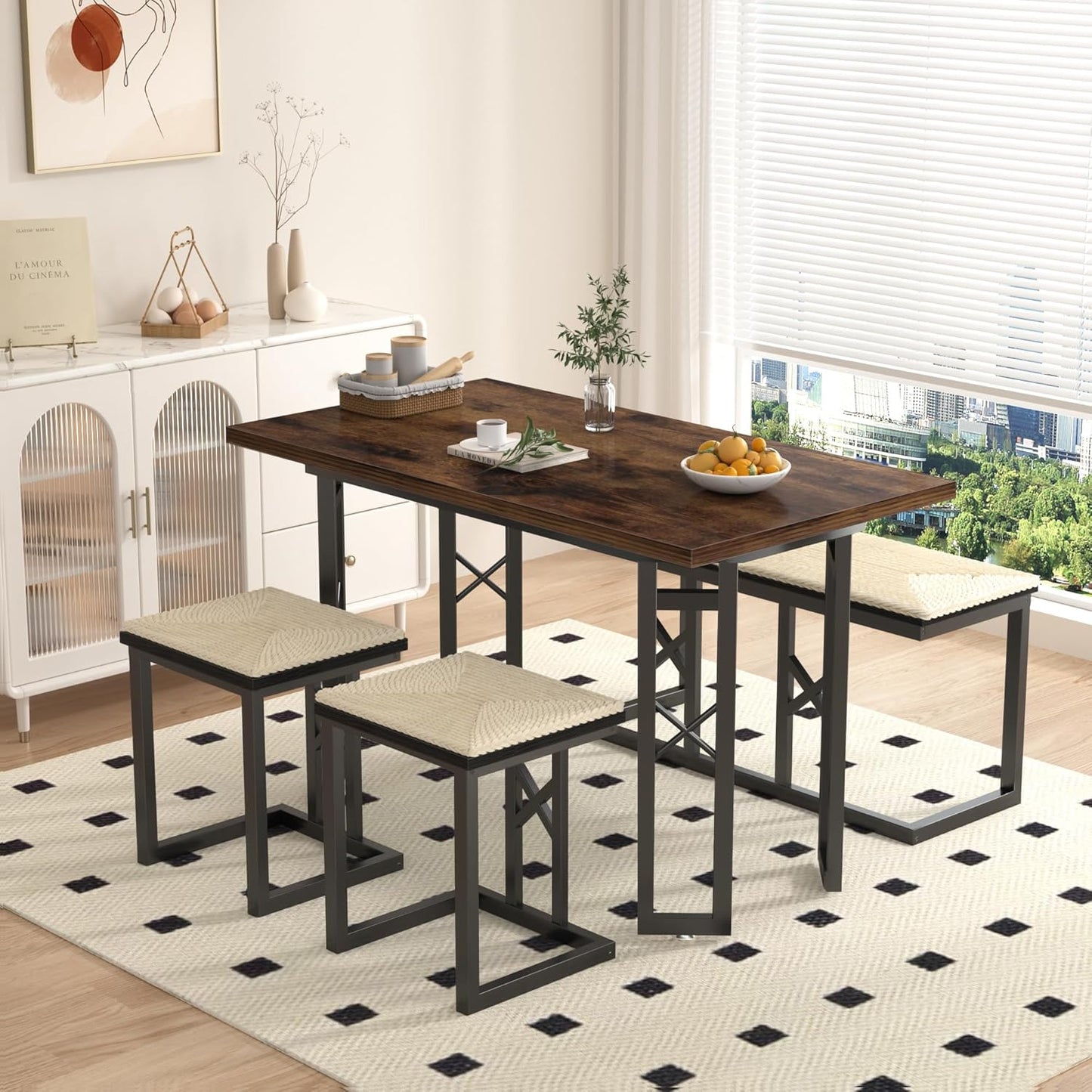 VECELO 43.3" Dining Table Sets, Farmhouse Kitchen Table for 4 with 3 Seats & Wicker Seat Cushions,Metal Frame Space-Saving Adjustable Feets Coffee Table for Home Kitchen Dining, Pitch Black