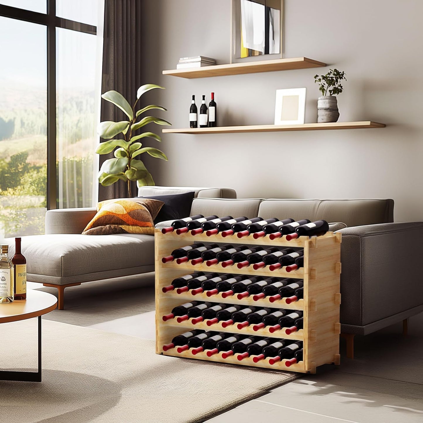 Finnhomy Wine Rack 45-Bottle 5-Tier Natural Bamboo Display Wine Storage Shelves Stackable Wine Bottle Holder