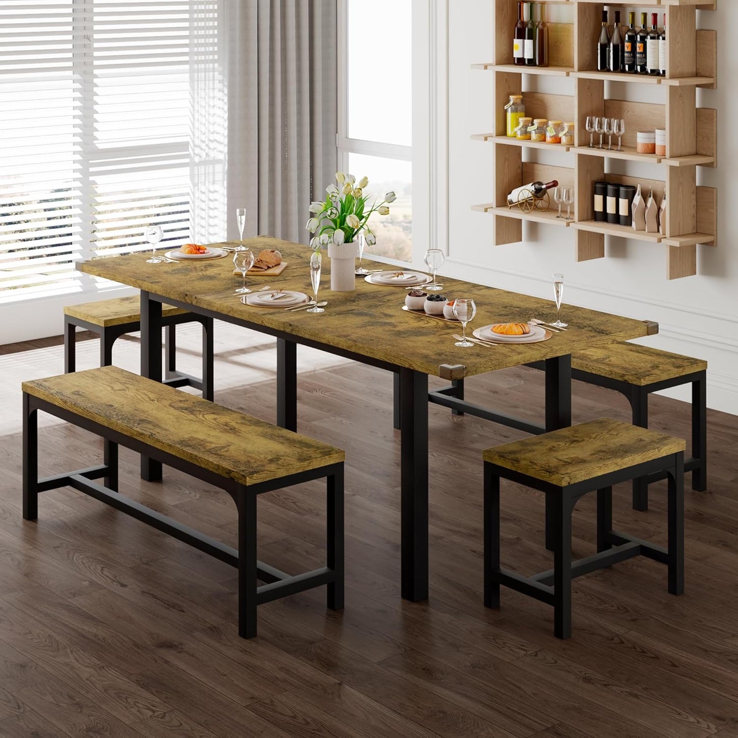 Feonase 5-Piece Dining Table Set for 4-8 People, 63" Large Extendable Kitchen Table Set with 2 Benches and 2 Square Stools, Dining Room Table with MDF Wood Board, Easy Assembly, Black