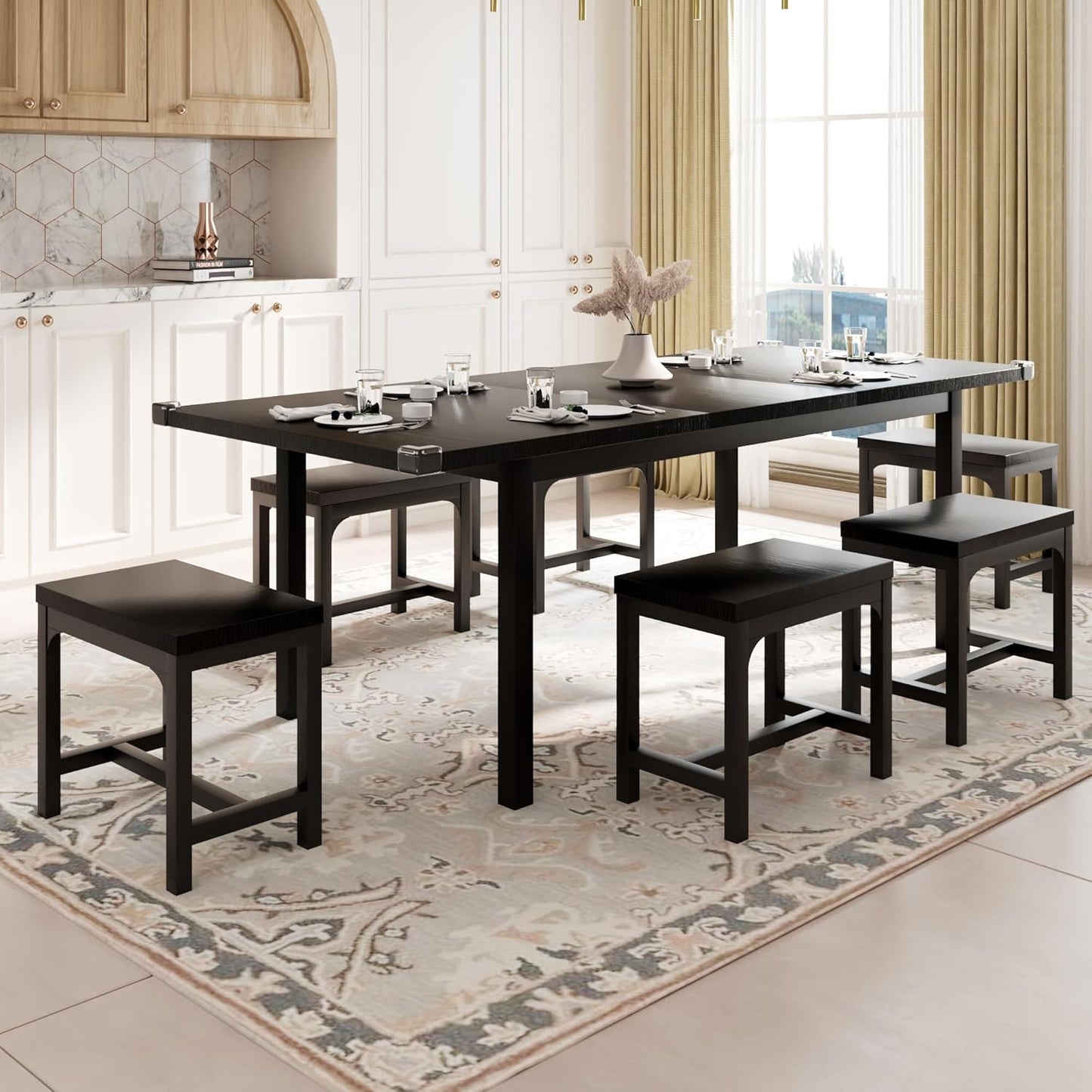 Feonase 5-Piece Dining Table Set for 4-8 People, 63" Large Extendable Kitchen Table Set with 2 Benches and 2 Square Stools, Dining Room Table with MDF Wood Board, Easy Assembly, Black