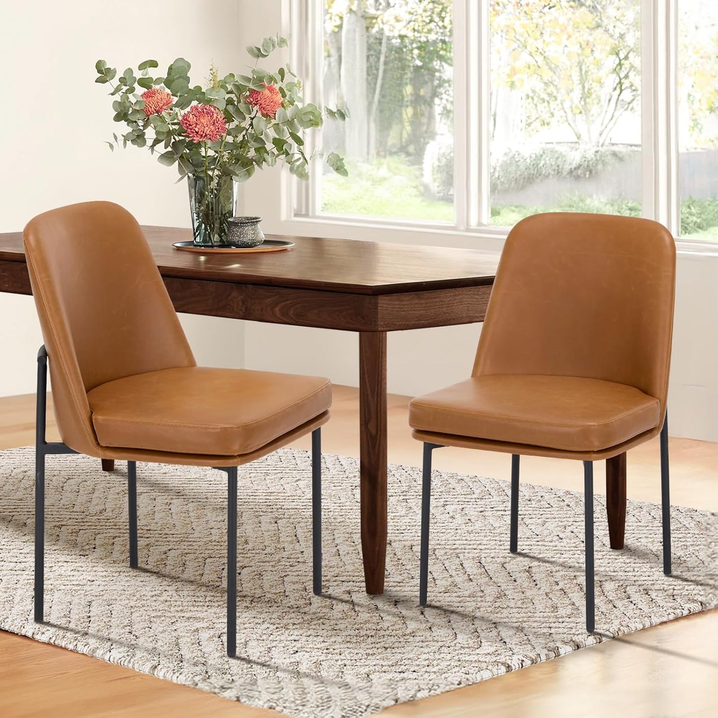 COLAMY Modern Dining Chairs Set of 6, Faux Leather Upholstered Dining Room Chairs Kitchen Chairs Dinner Chair with Curved Back and Metal Legs, Brown