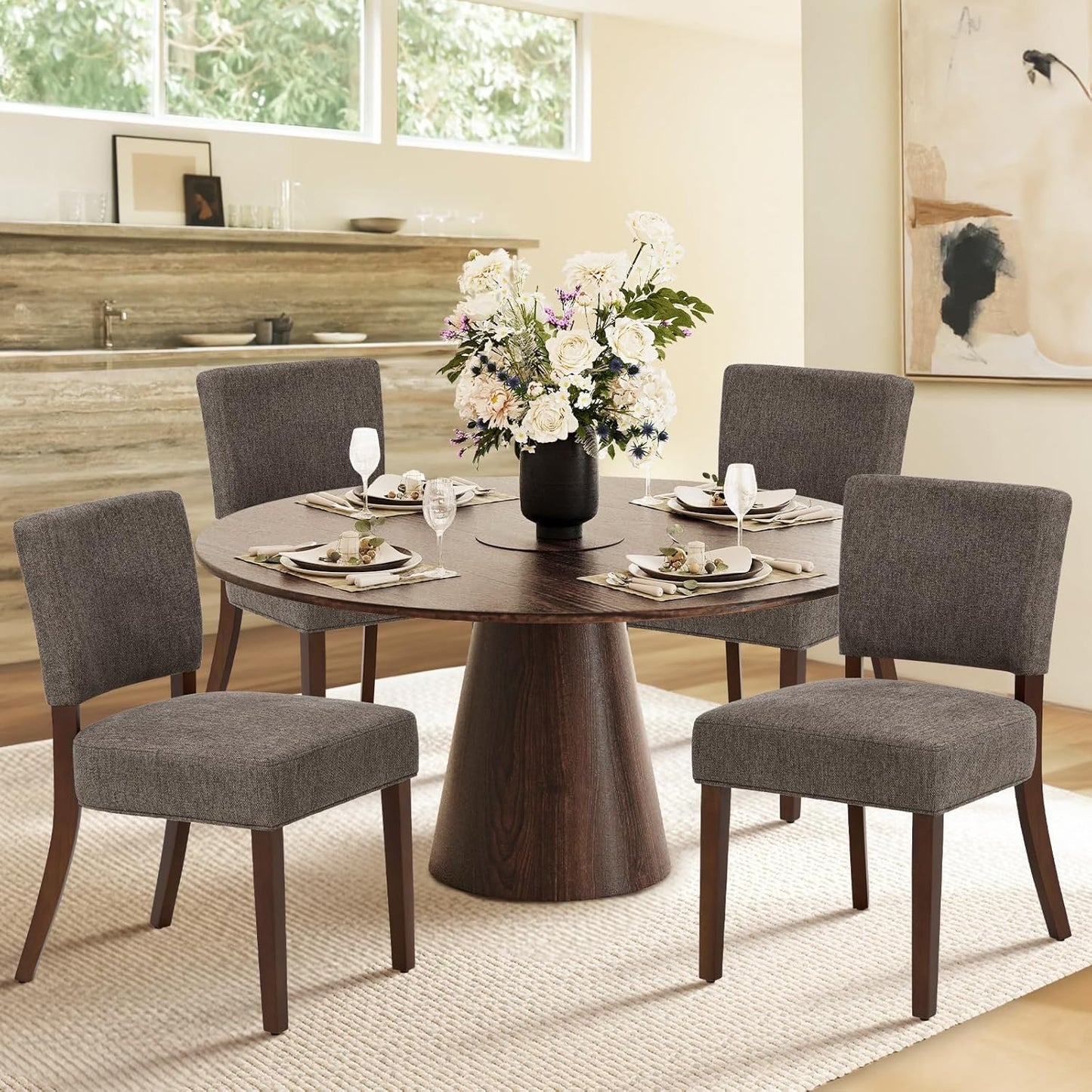 COLAMY Upholstered Dining Chairs Set of 6, Modern Kitchen Chairs with Back, Farmhouse Fabric Side Dining Room Chairs with Wood Legs for Dining Room Kitchen Restaurant, Beige
