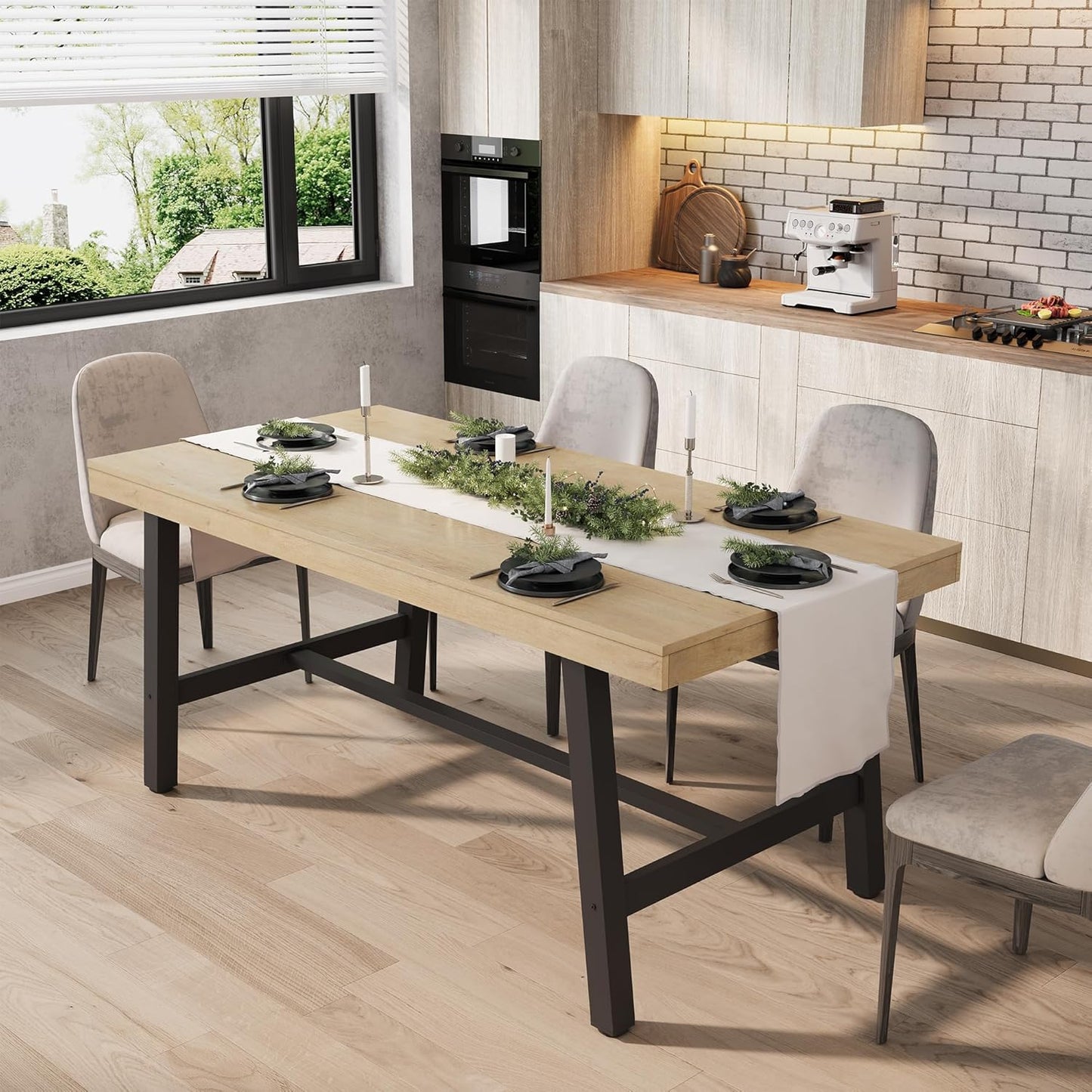 GarveeHome Industrial Dining Table for 6-8 People, 70.87" Long Wooden Kitchen Table with Sturdy Metal Frame & Rustic Brown Finish (Brown, 70.87" Long)
