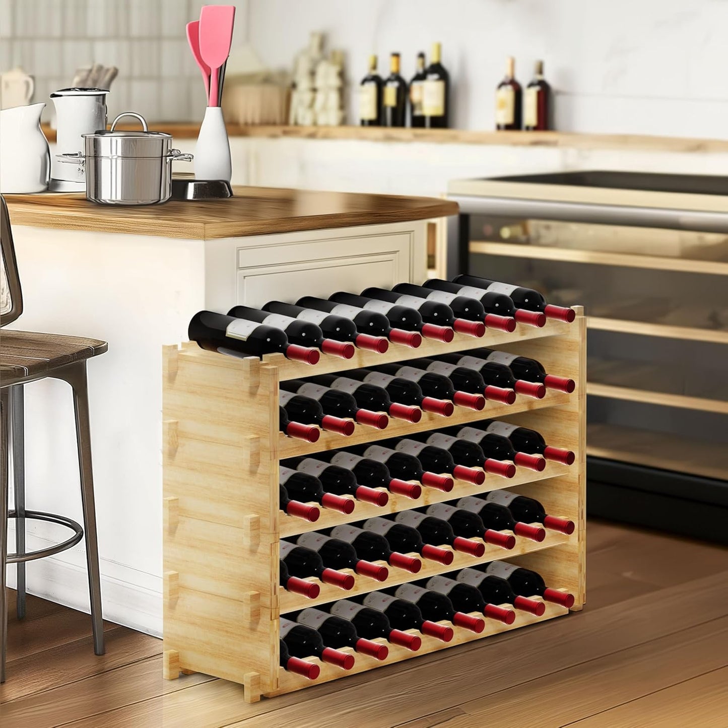 Finnhomy Wine Rack 45-Bottle 5-Tier Natural Bamboo Display Wine Storage Shelves Stackable Wine Bottle Holder