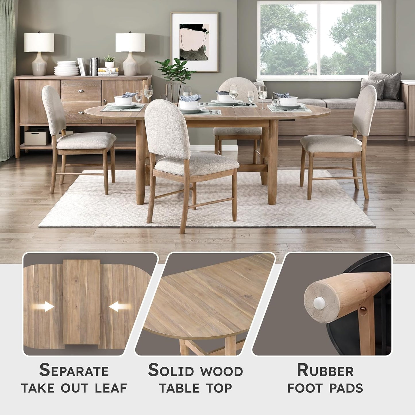 Lexicon 42"x 84" Oval Dining Table for 6 People, Extendable Wooden Dinner Table with Sturdy Base, for Kitchen/Dining Room, Easy Assembly, Natural
