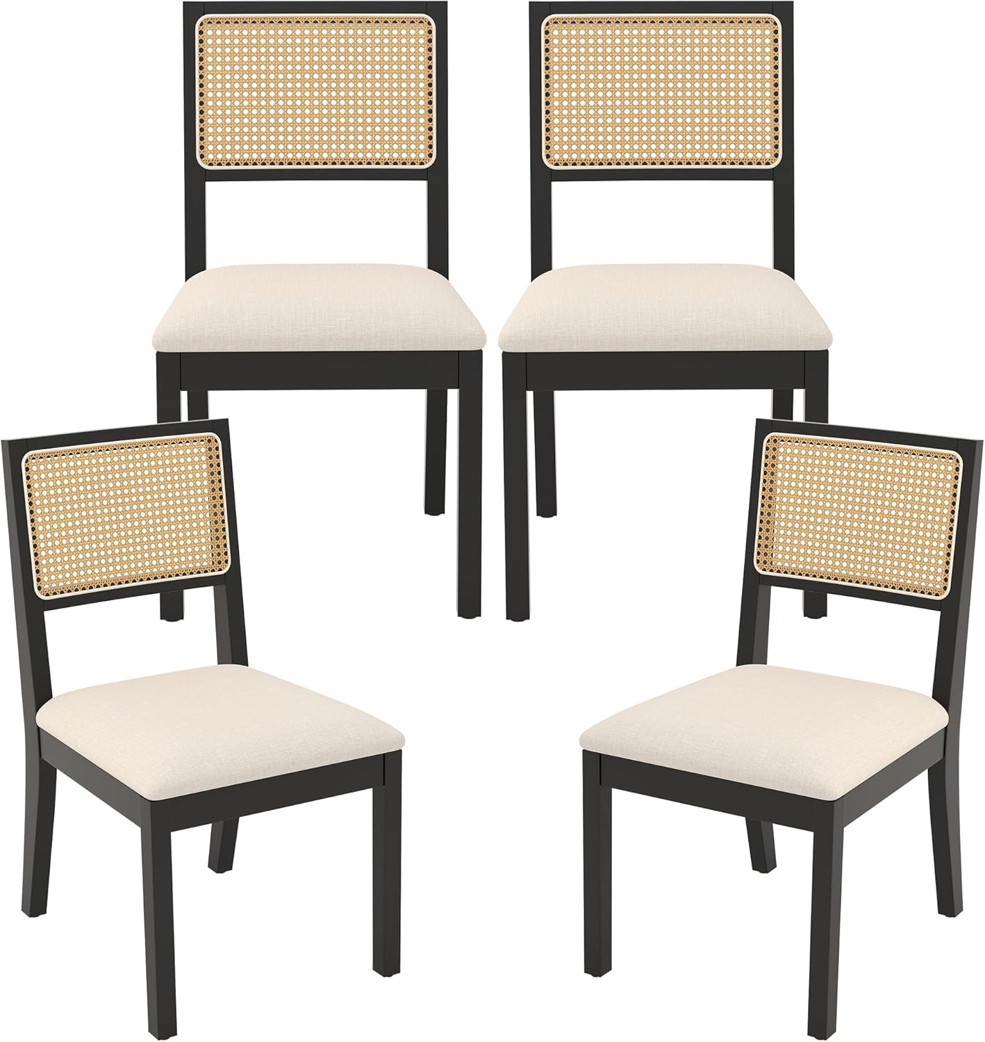 Westice Rattan Dining Chairs Set of 4, Farmhouse Natural Dining Room Chairs with Upholstered Cushion, Wood Armless Chairs for Kitchen/Restaurant