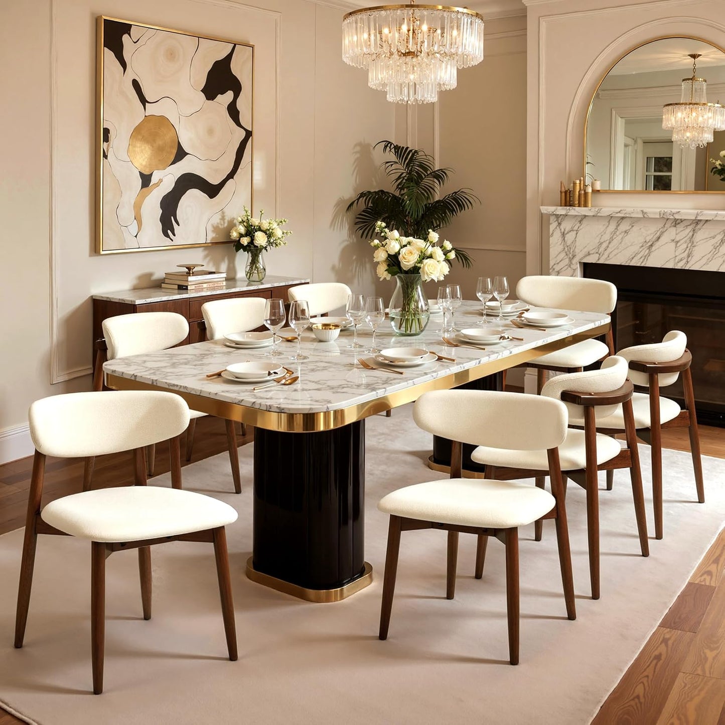 CHUN YI Dining Chairs Set of 6, Upholstered Solid Wood Dining Room Chairs, Mid Century Modern Fabric Kitchen Side Chairs with Ergonomic Curved Back, Beige
