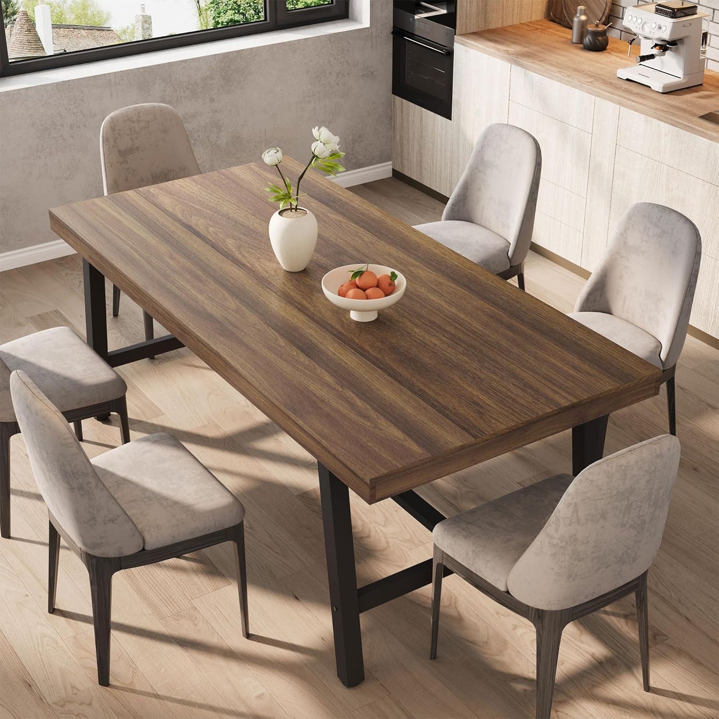 GarveeHome Industrial Dining Table for 6-8 People, 70.87" Long Wooden Kitchen Table with Sturdy Metal Frame & Rustic Brown Finish (Brown, 70.87" Long)
