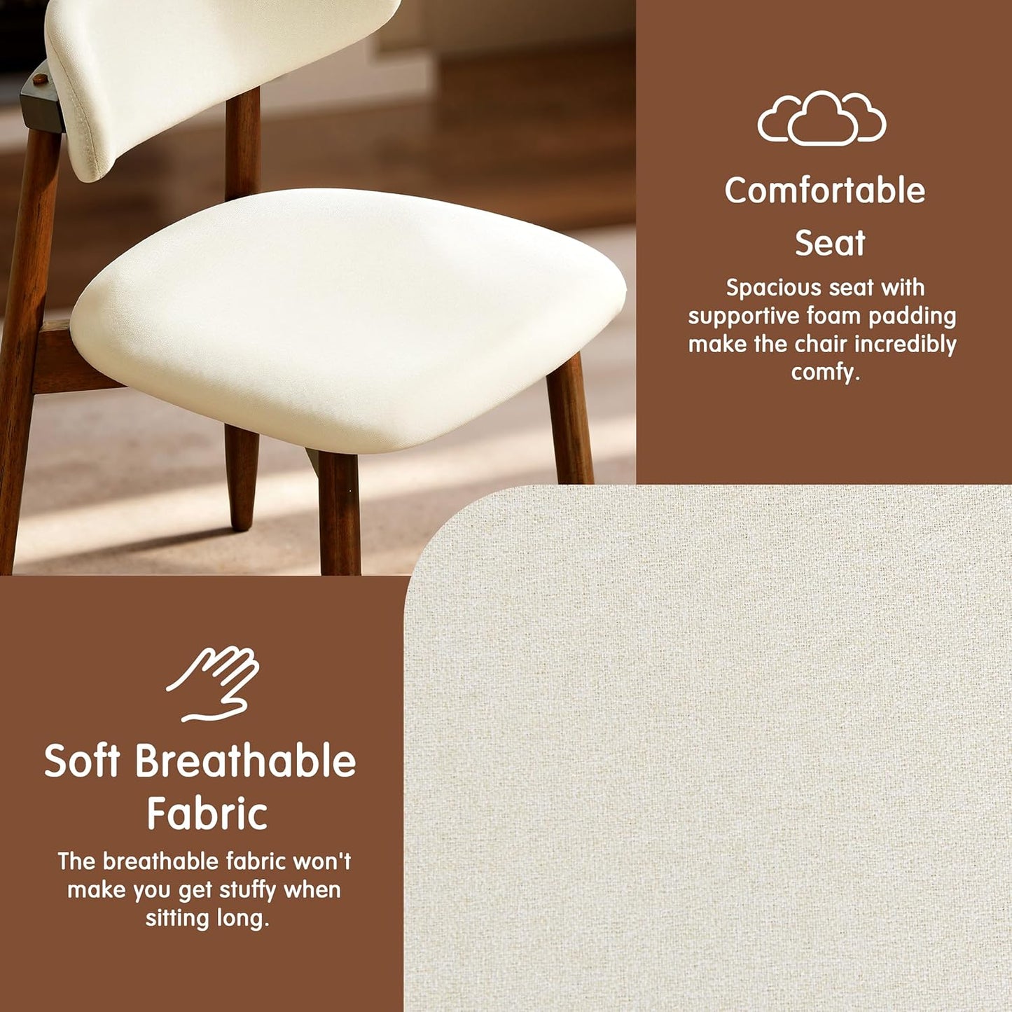 CHUN YI Dining Chairs Set of 6, Upholstered Solid Wood Dining Room Chairs, Mid Century Modern Fabric Kitchen Side Chairs with Ergonomic Curved Back, Beige