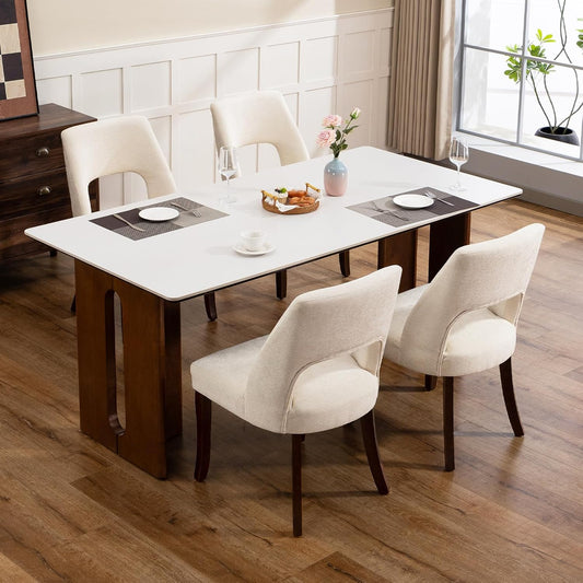 Wooden Dining Chairs Set of 4, Modern Fabric Upholstered Kitchen and Dining Room Chairs, Farmhouse Dining Chair with Solid Wood Legs, Beige