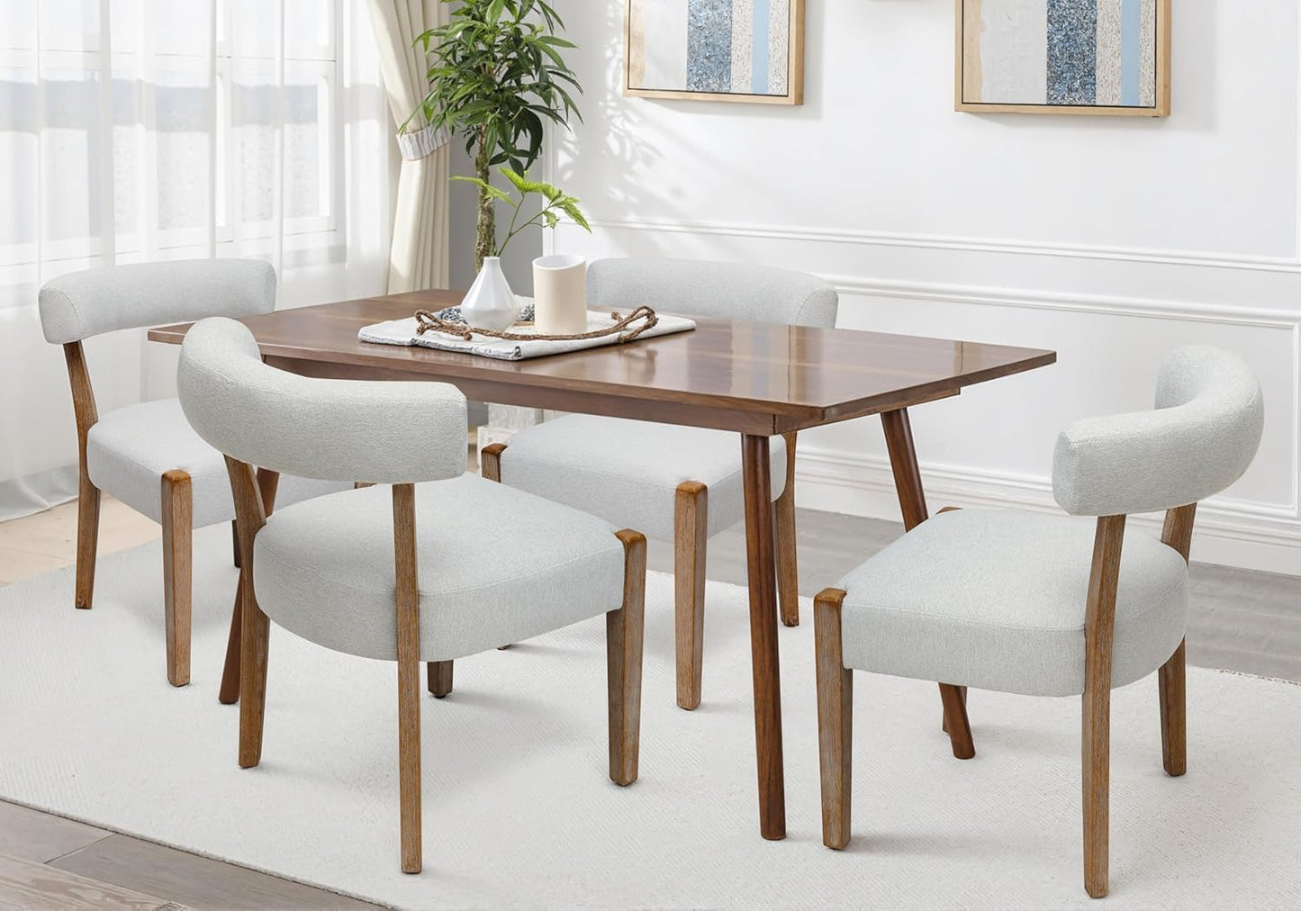 Faux Leather Dining Chairs Set of 4 Upholstered Kitchen & Dining Room Wooden Chairs Mid Century Modern Dining Chairs Low Back, Beige