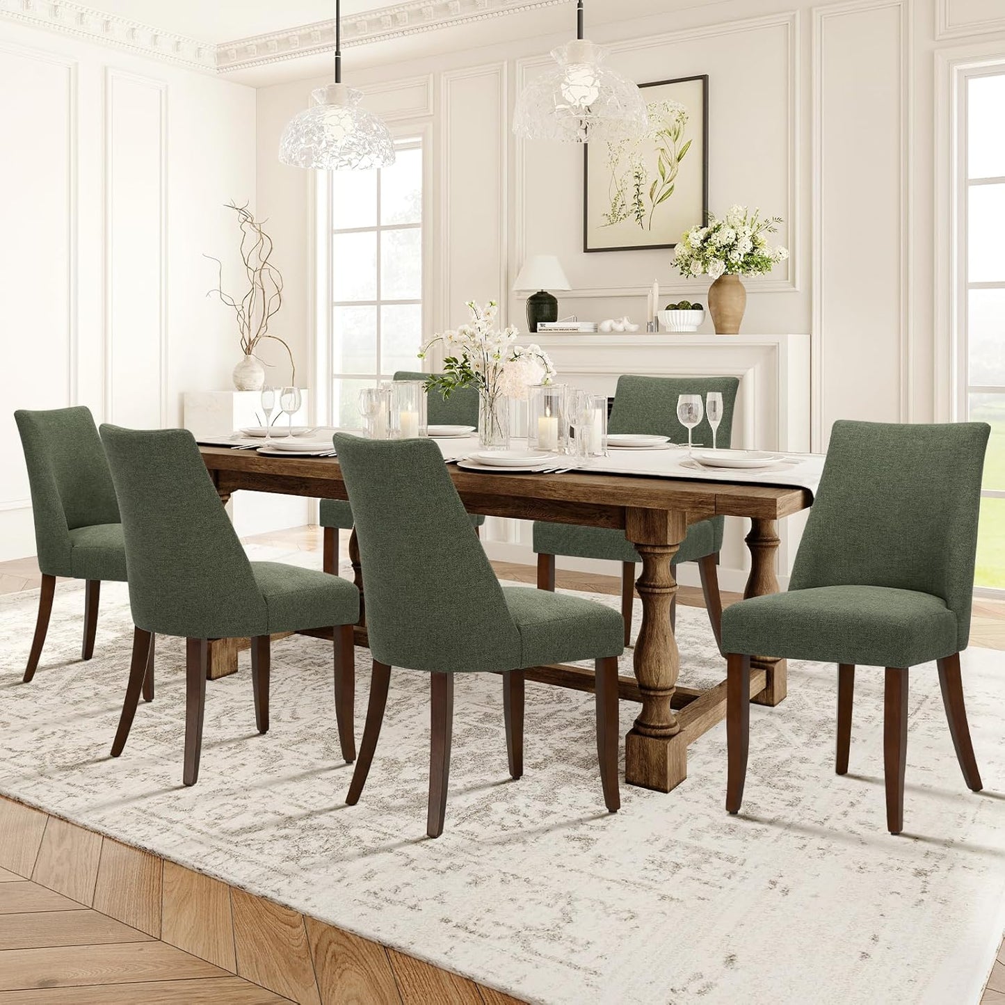 COLAMY Upholstered Dining Chairs Set of 6, Mid Century Modern Kitchen Chairs with Back, Farmhouse Fabric Side Dining Room Chairs with Wood Legs for Dining Room Restaurant, Beige
