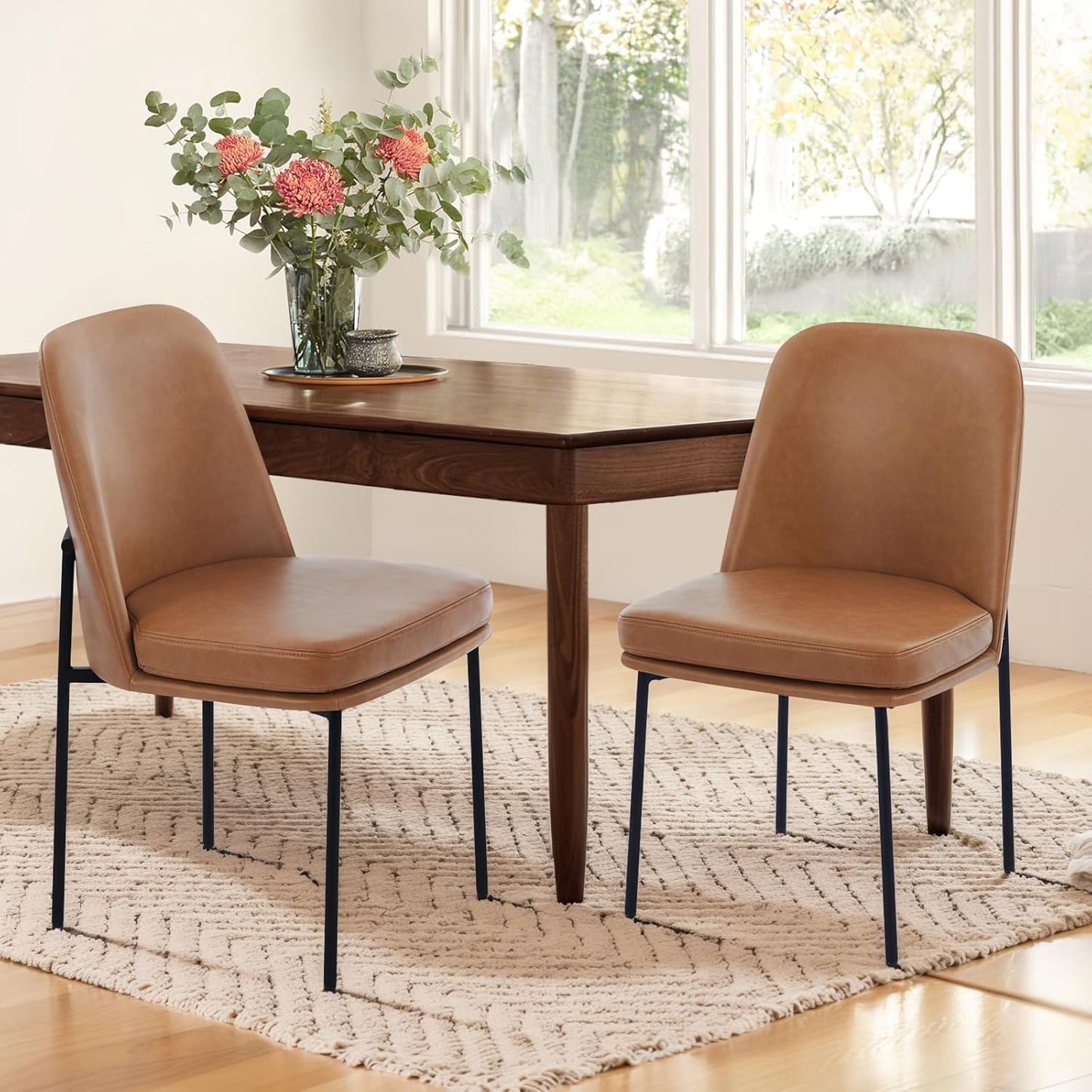COLAMY Modern Dining Chairs Set of 6, Faux Leather Upholstered Dining Room Chairs Kitchen Chairs Dinner Chair with Curved Back and Metal Legs, Brown