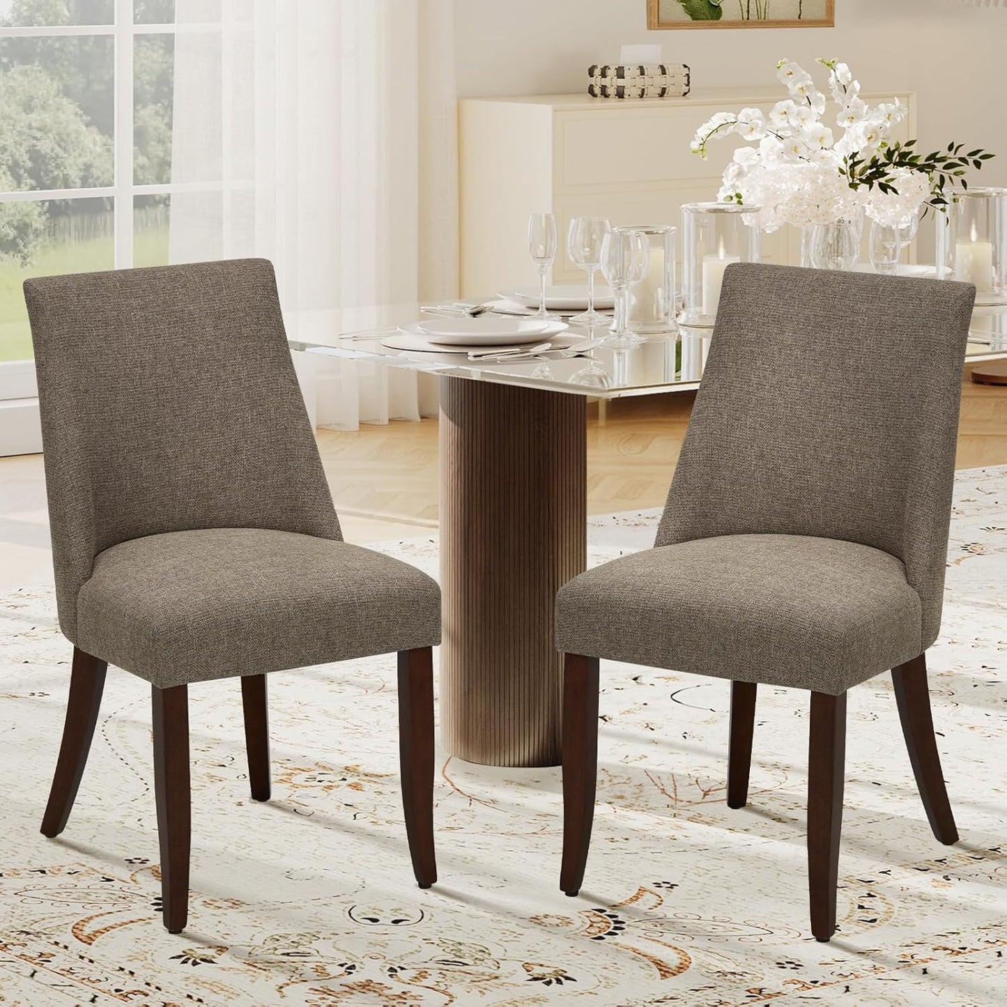 COLAMY Upholstered Dining Chairs Set of 6, Mid Century Modern Kitchen Chairs with Back, Farmhouse Fabric Side Dining Room Chairs with Wood Legs for Dining Room Restaurant, Beige