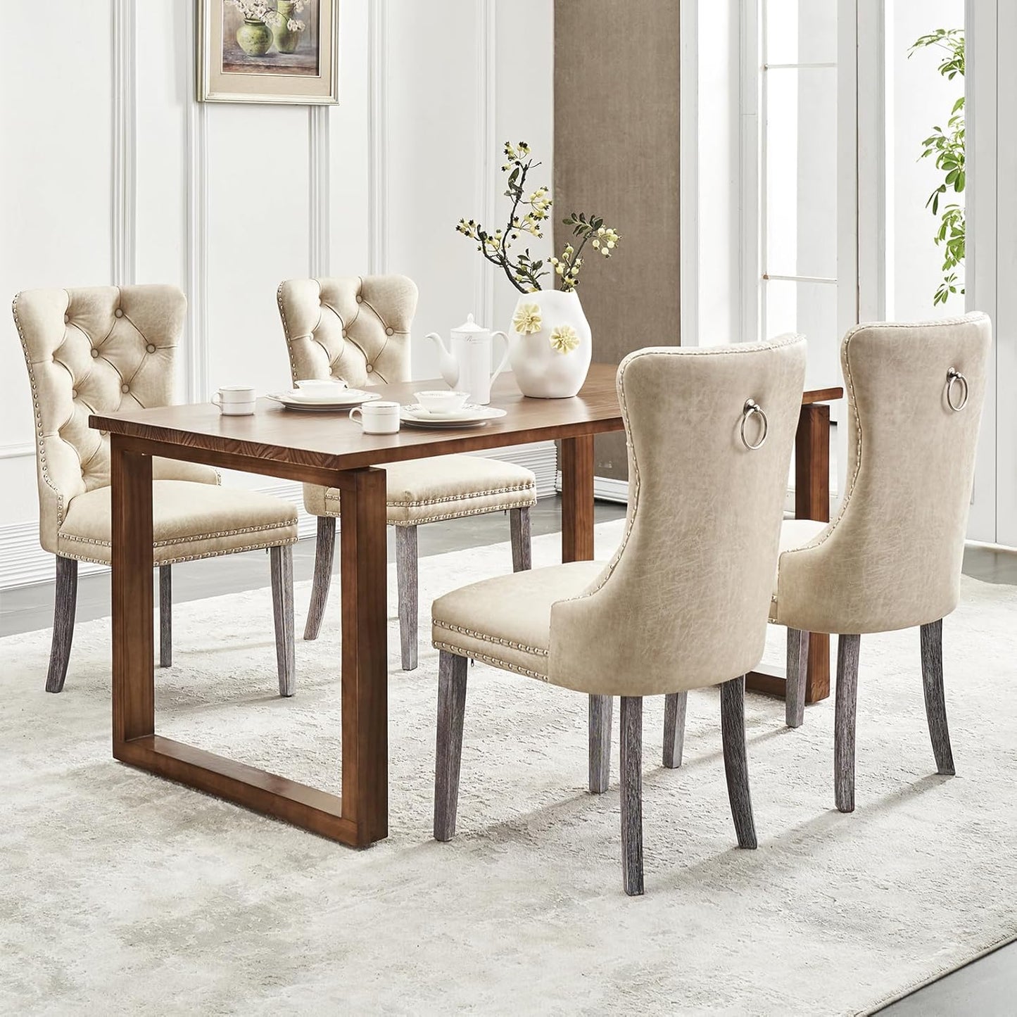 Kiztir Leather Dining Chairs Set of 6, Upholstered Dining Room Chair with Nailhead Trim and Solid Wood Legs, Luxury Wingback Dining Side Chair for Living Room, Bedroom, Kitchen (Beige)