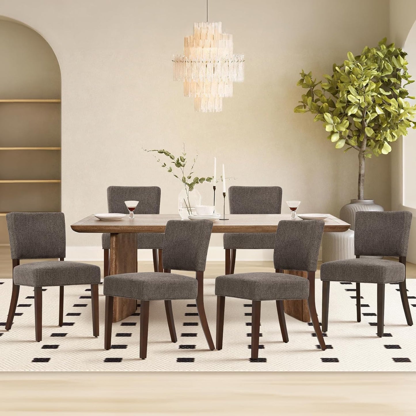 COLAMY Upholstered Dining Chairs Set of 6, Modern Kitchen Chairs with Back, Farmhouse Fabric Side Dining Room Chairs with Wood Legs for Dining Room Kitchen Restaurant, Beige