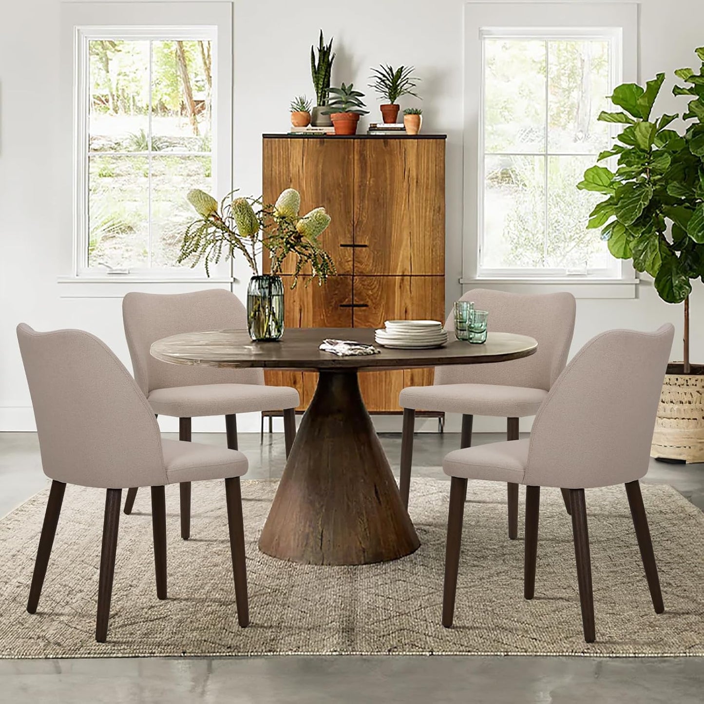 COLAMY Upholstered Dining Chairs Set of 6, Modern Fabric Dining Room Kitchen Side Chair with Padded Seat and Wood Legs for Restaurant/Cafe, Beige