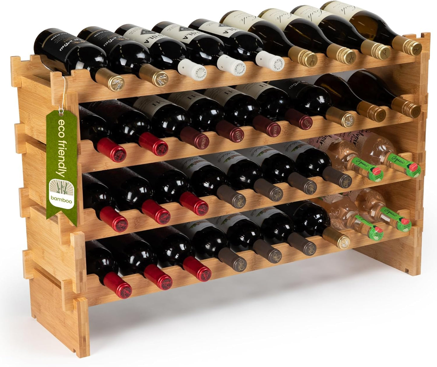 DECOMIL - 72 Bottle Stackable Modular Wine Rack Wine Storage Rack Solid Bamboo Wine Holder Display Shelves, Wobble-Free (Eight-Tier, 72 Bottle Capacity)
