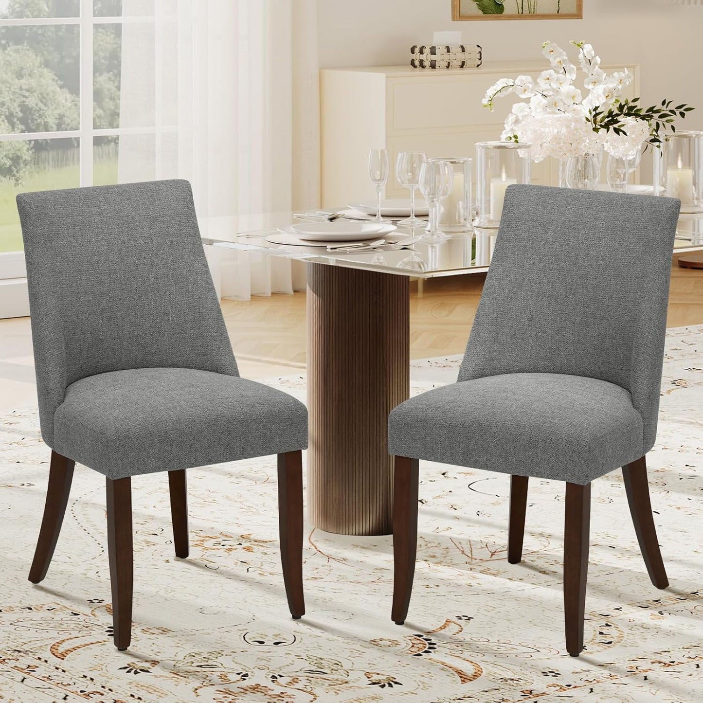 COLAMY Upholstered Dining Chairs Set of 6, Mid Century Modern Kitchen Chairs with Back, Farmhouse Fabric Side Dining Room Chairs with Wood Legs for Dining Room Restaurant, Beige