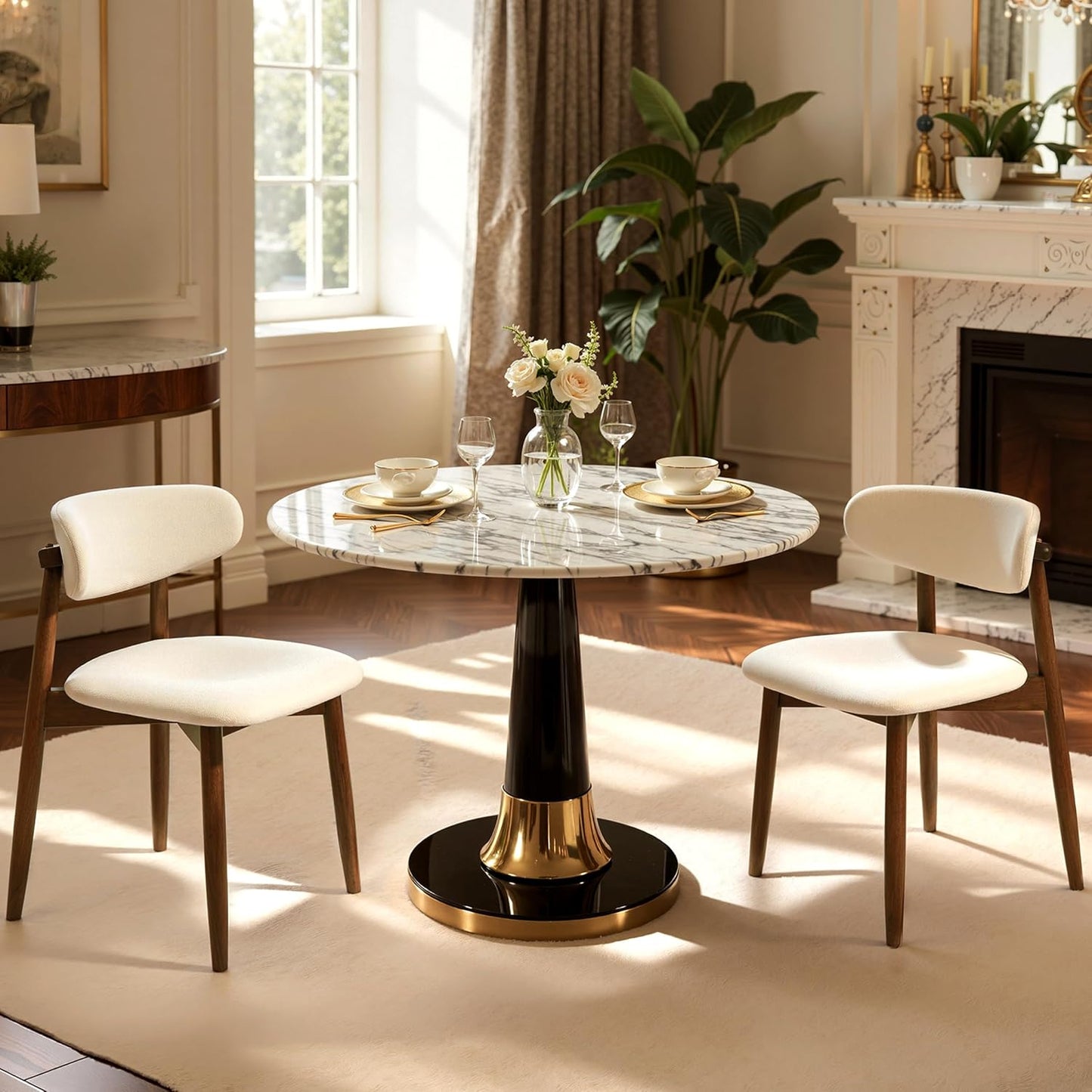 CHUN YI Dining Chairs Set of 6, Upholstered Solid Wood Dining Room Chairs, Mid Century Modern Fabric Kitchen Side Chairs with Ergonomic Curved Back, Beige
