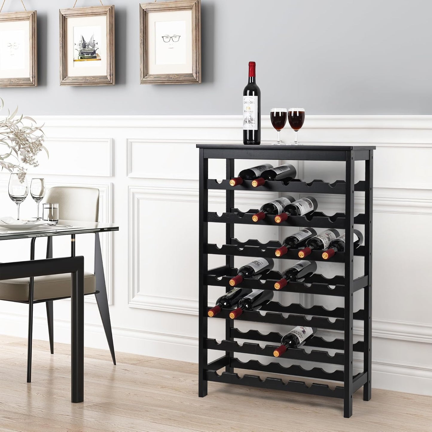 VASMIA 42 Bottles Bamboo Wine Rack,7-Tier Wine Rack Freestanding Floor with Table Top, Wine Storage Shelf for Kitchen Dining Room Bar,Black
