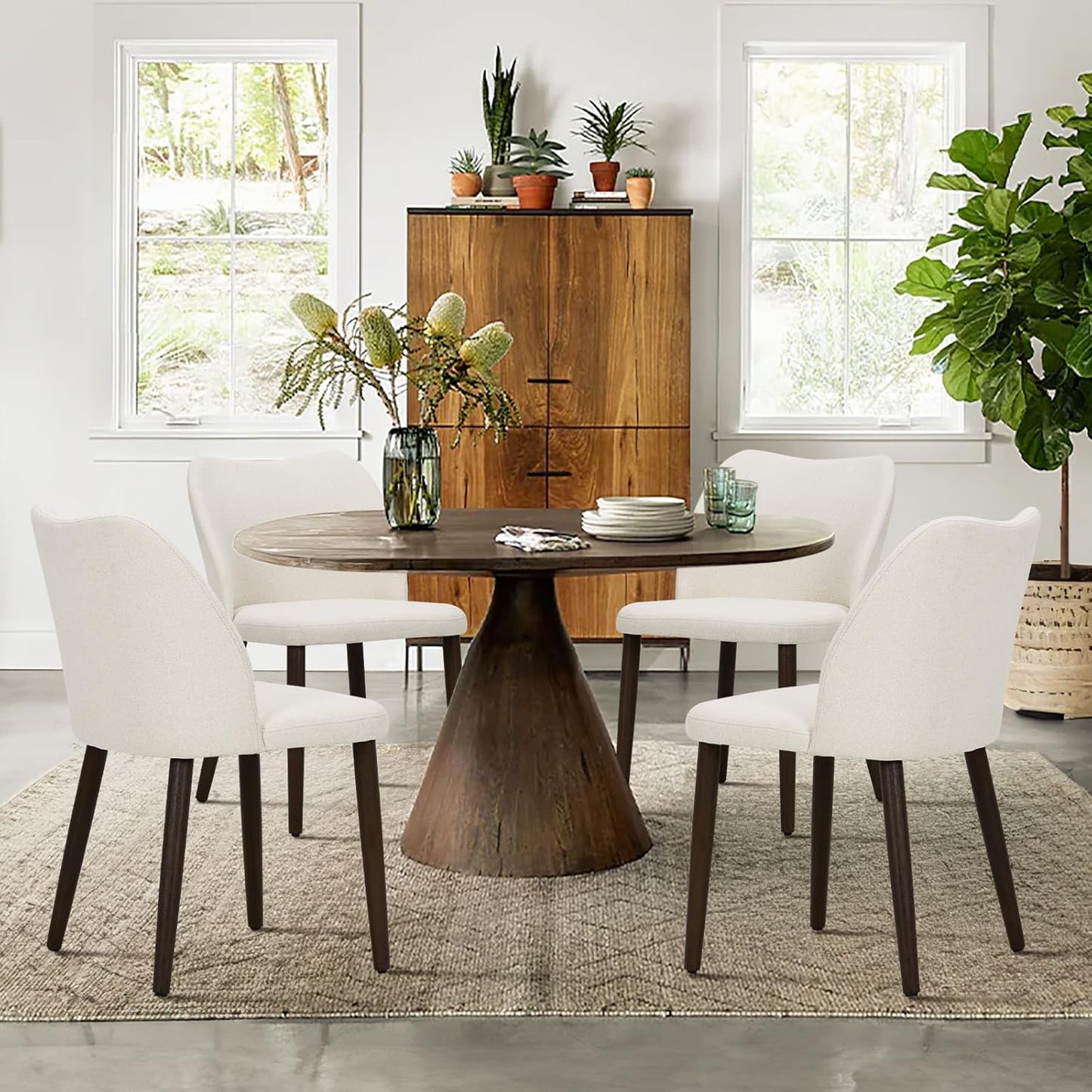 COLAMY Upholstered Dining Chairs Set of 6, Modern Fabric Dining Room Kitchen Side Chair with Padded Seat and Wood Legs for Restaurant/Cafe, Beige