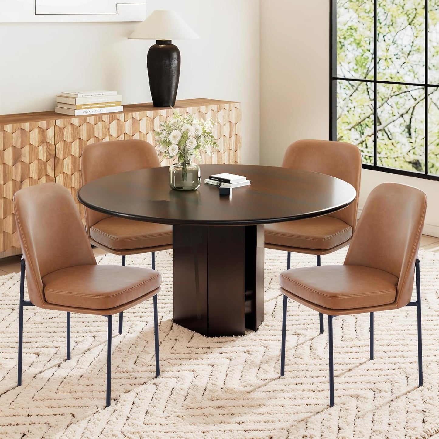 COLAMY Modern Dining Chairs Set of 6, Faux Leather Upholstered Dining Room Chairs Kitchen Chairs Dinner Chair with Curved Back and Metal Legs, Brown