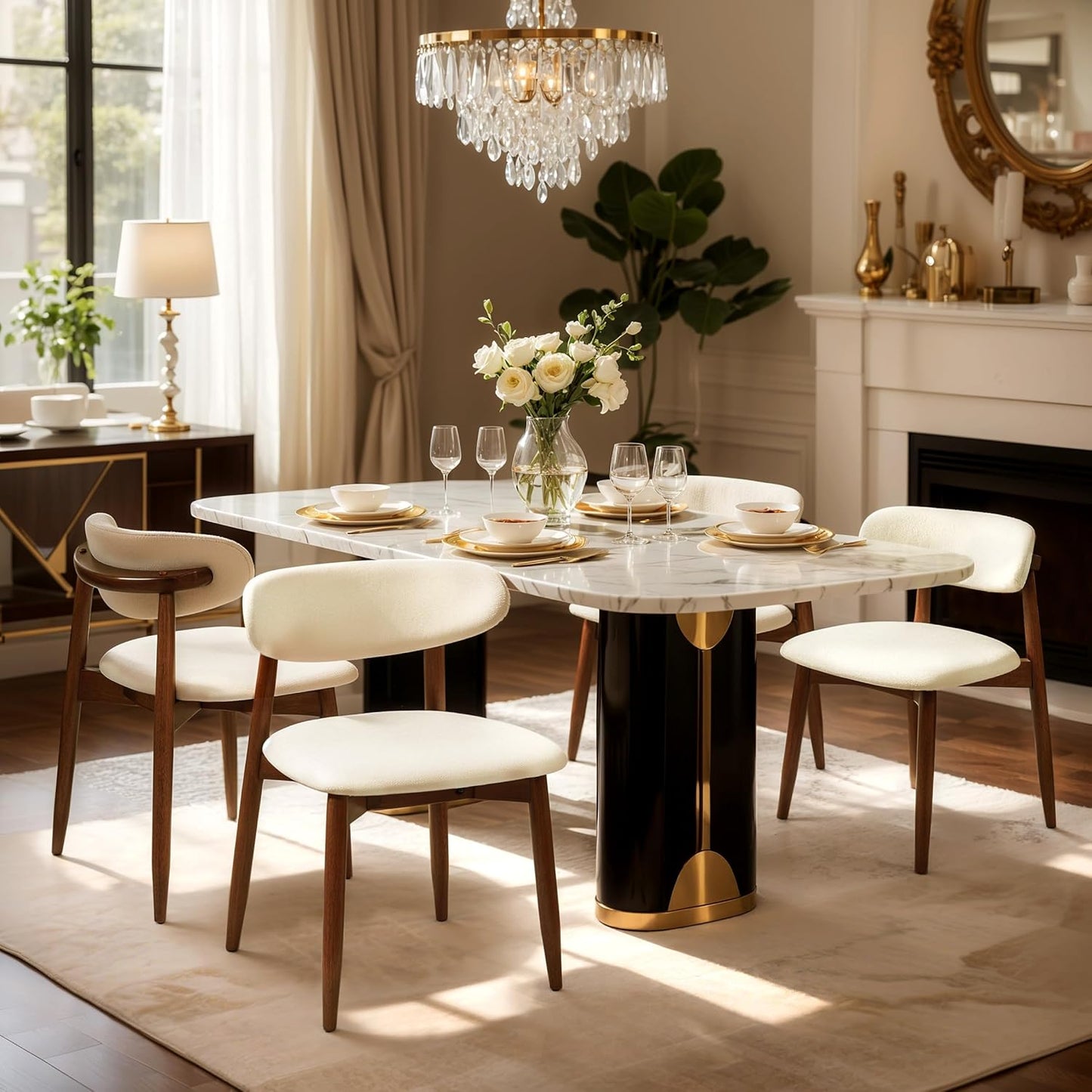 CHUN YI Dining Chairs Set of 6, Upholstered Solid Wood Dining Room Chairs, Mid Century Modern Fabric Kitchen Side Chairs with Ergonomic Curved Back, Beige