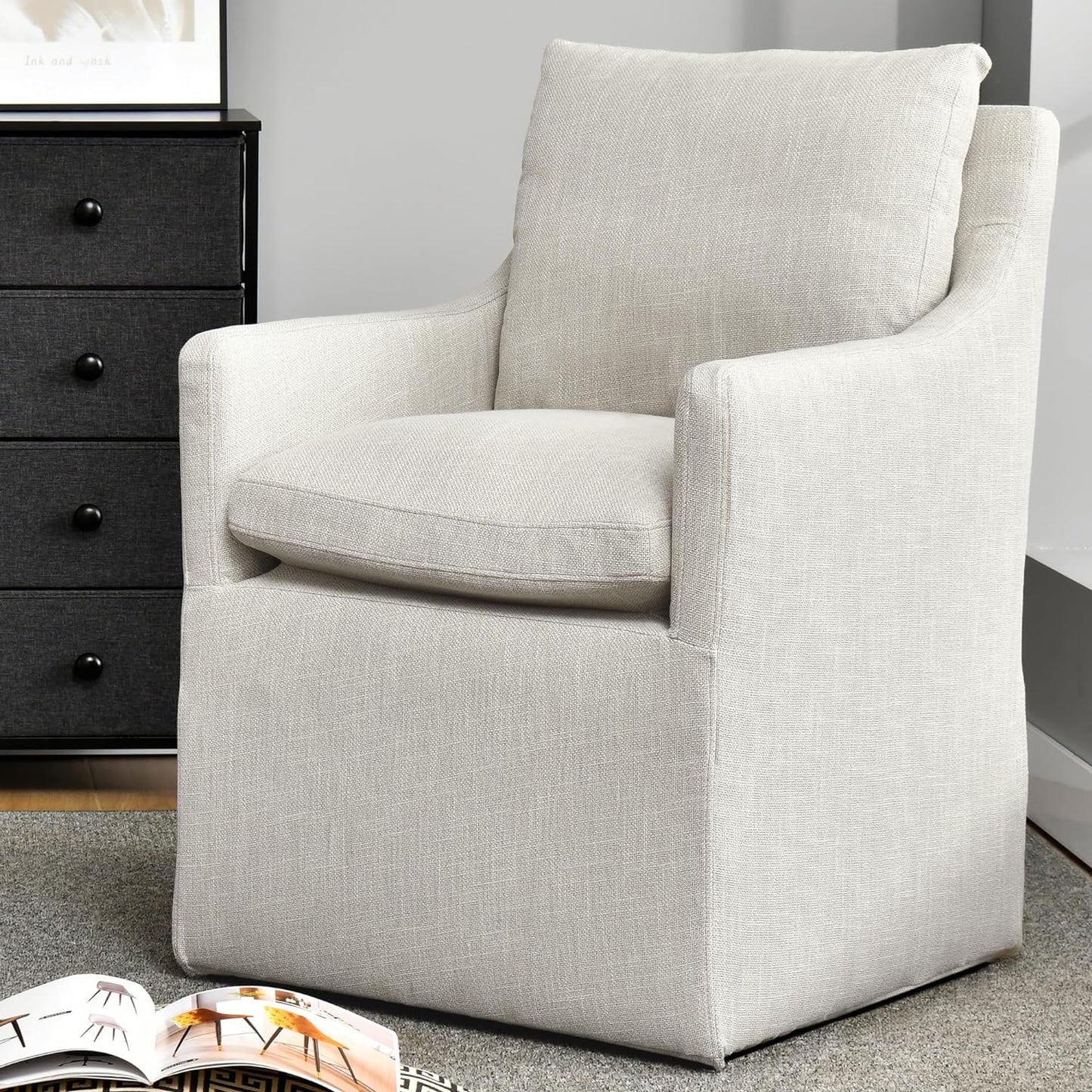 DUHOME Upholstered Dining Chairs Set of 2,Linen Accent Chair for Living Room,Single Sofa Chair with 4 Casters,Upholstered Arm Chair for Bedroom Reading Room Waiting Room Kitchen Dining Room