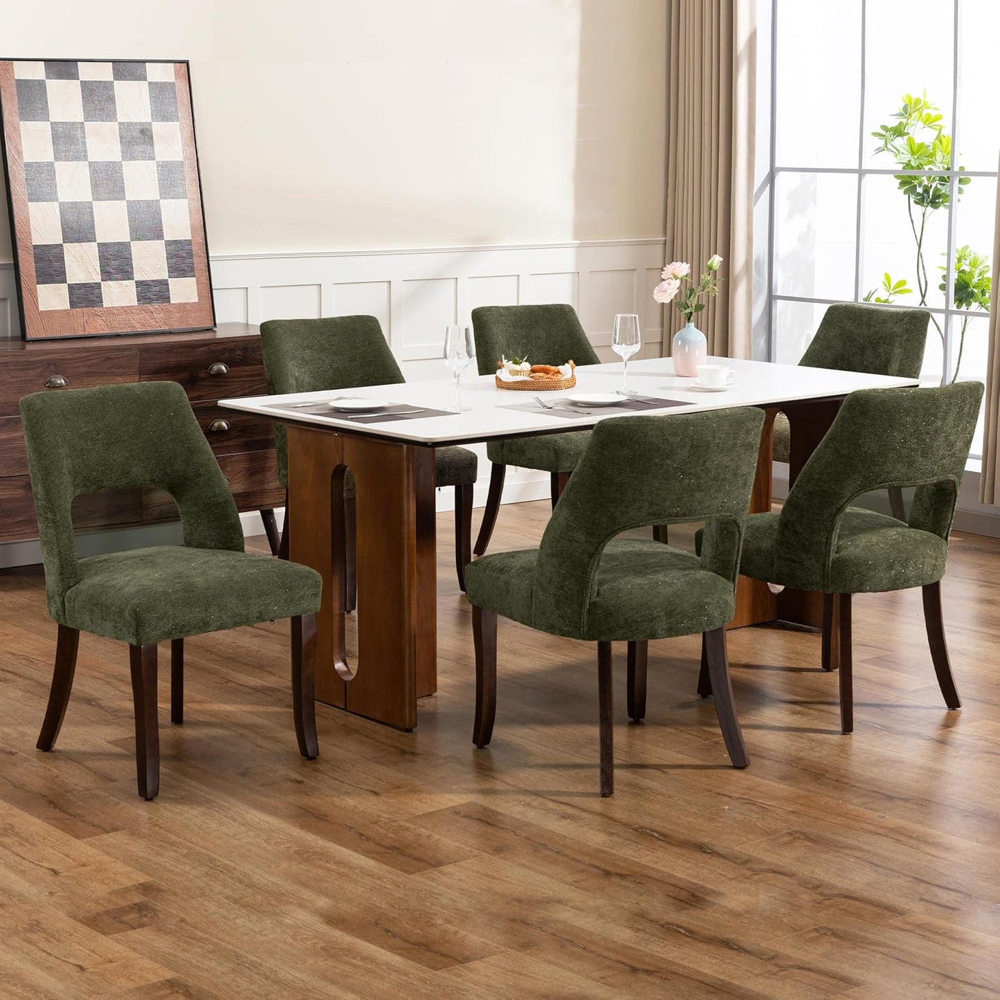 Wooden Dining Chairs Set of 4, Modern Fabric Upholstered Kitchen and Dining Room Chairs, Farmhouse Dining Chair with Solid Wood Legs, Beige