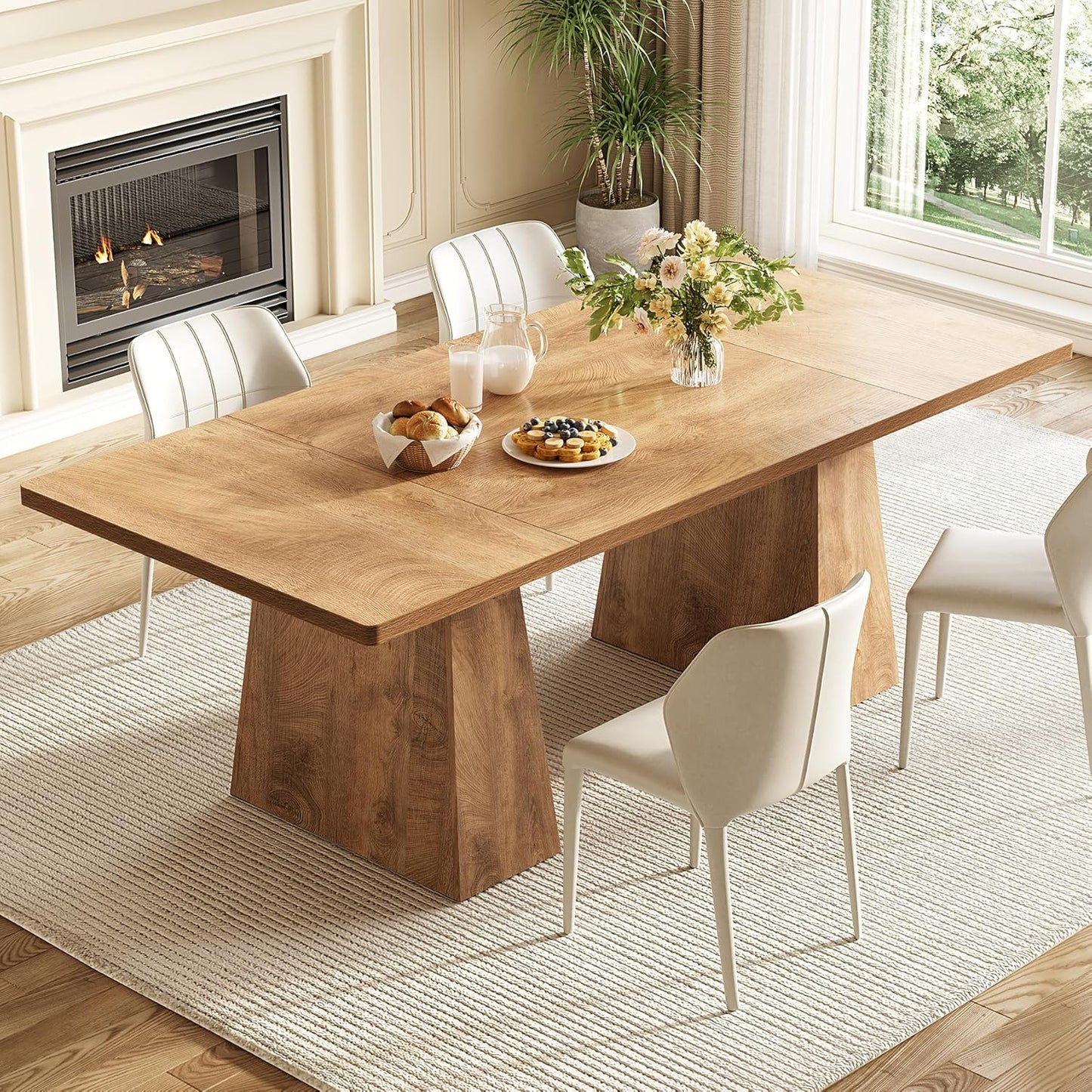 LITTLE TREE Dining Table for 6 People, Wooden Dining Table, Rectangle Table with Heavy Duty Legs, Modern Dining Table for Kitchen, Dining Room, Light Brown