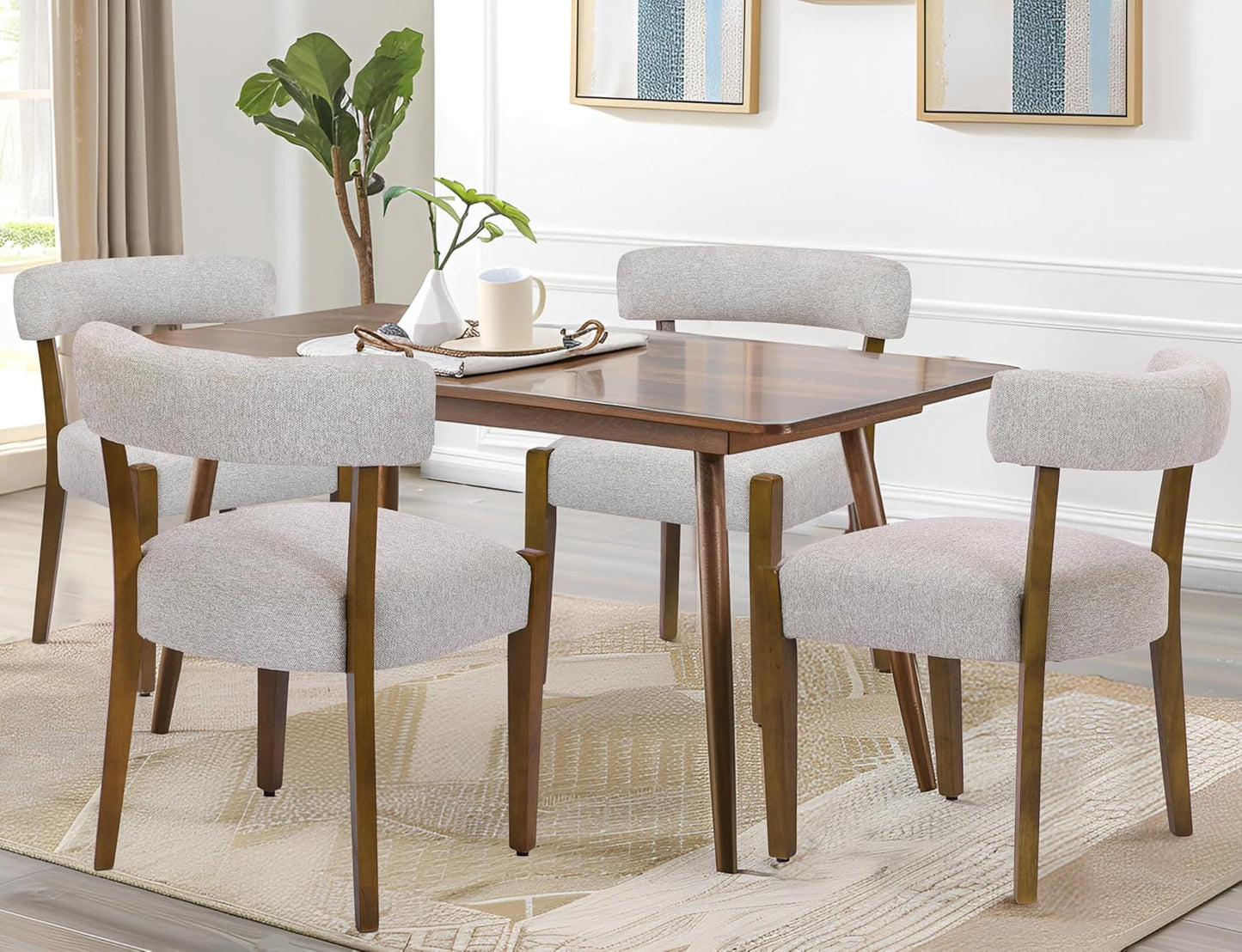 Faux Leather Dining Chairs Set of 4 Upholstered Kitchen & Dining Room Wooden Chairs Mid Century Modern Dining Chairs Low Back, Beige