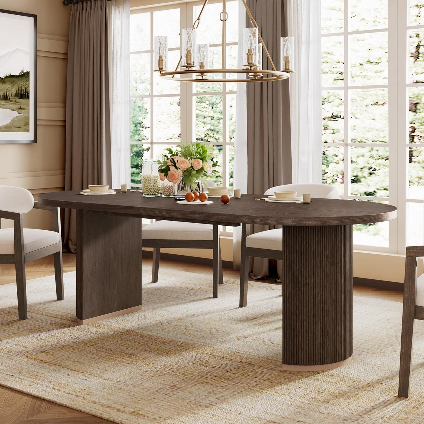 Christopher Knight Home Lancas Modern Minimalist Wooden Indoor Dining Table, Oval Top Dining Table Set for 6, Pedestal Dining Room/Kitchen Table, Ideal for Restaurant/Family Gatherings, Light Ash