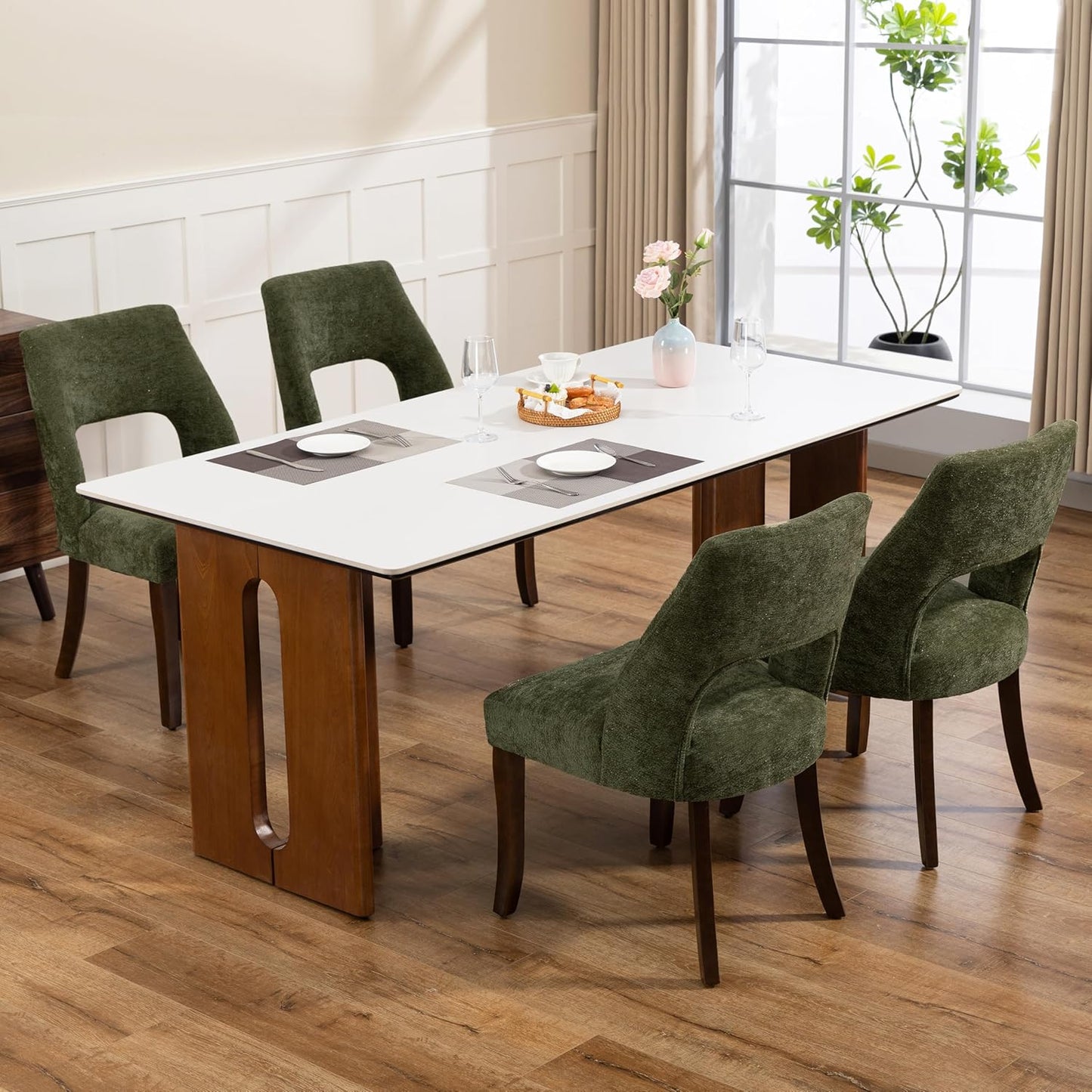 Wooden Dining Chairs Set of 4, Modern Fabric Upholstered Kitchen and Dining Room Chairs, Farmhouse Dining Chair with Solid Wood Legs, Beige