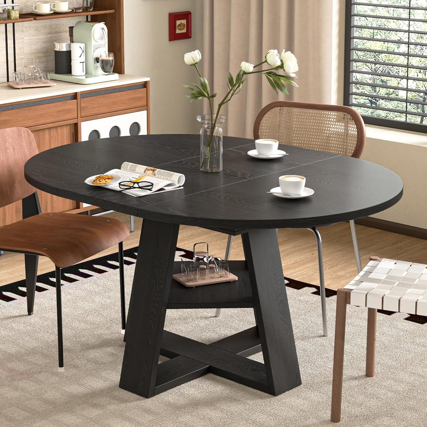 43.3in-59in Extendable Round Dining Table for 4-8,Modern Kitchen Oval Dining Table with Removable Leaves Space Saving,Wood Base with Storage Shelf for Kitchen Living Room (Walnut)